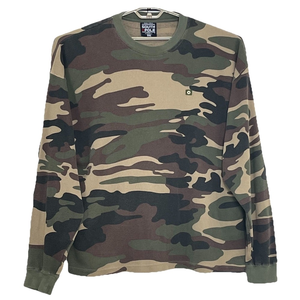 Vintage Y2K Southpole‎ Mens Shirt 2XL / 3XL Camo Waffle Knit Thermal Long Sleeve